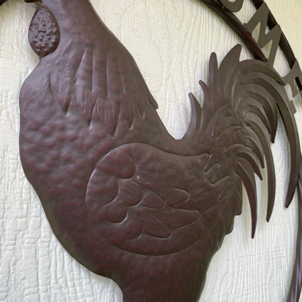 24" WELCOME FRIENDS ROOSTER WESTERN METAL ANIMAL ART HOME WALL ART RUSTIC BROWN COLOR