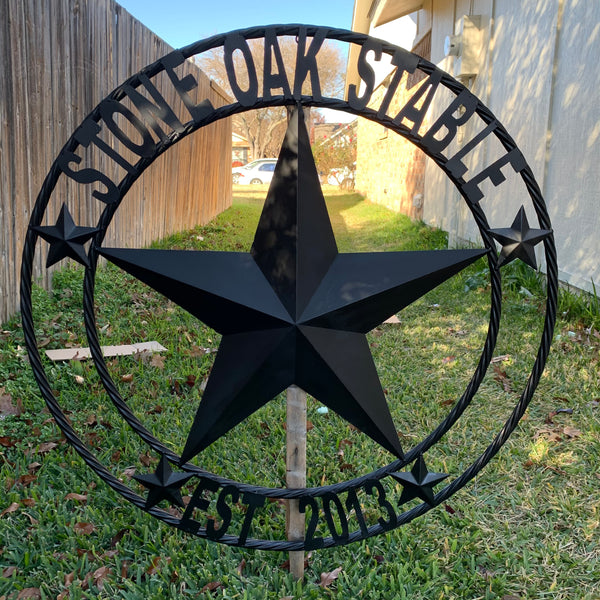 CREEKSIDE FARM STYLE YOUR CUSTOM NAME BARN BLACK STAR 3d WITH TWISTED ROPE RING DESIGN METAL WALL ART WESTERN HOME DECOR NEW HANDMADE, 24", 32", 36", 40", 44", 46", 50"