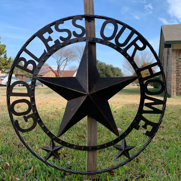 24" GOD BLESS OUR HOME BEADED BARN STAR WITH TWISTED ROPE RING DESIGN METAL WALL ART WESTERN HOME DECOR VINTAGE RUSTIC DARK BRONZE COPPER NEW