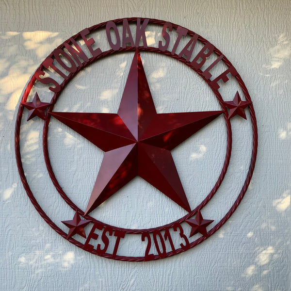 CREEKSIDE FARM STYLE YOUR CUSTOM NAME BARN BLACK STAR 3d WITH TWISTED ROPE RING DESIGN METAL WALL ART WESTERN HOME DECOR NEW HANDMADE, 24", 32", 36", 40", 44", 46", 50"