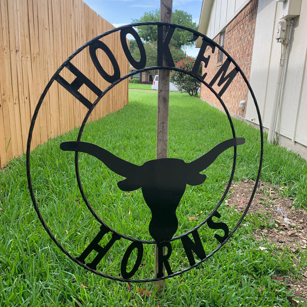 HOOKEM HORNS GLOSSY BLACK TEXAS LONGHORNS HOOK EM METAL CUSTOM VINTAGE CRAFT WALL ART TEAM SIGN HANDMADE