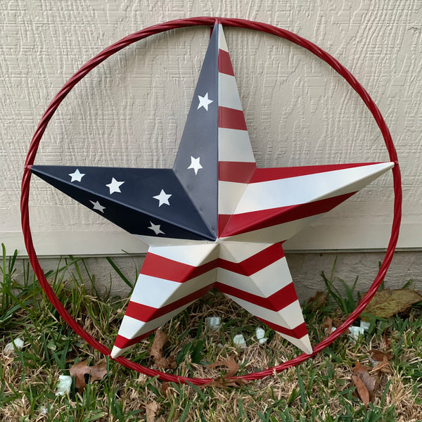 AMERICAN Flag USA Metal Barn Star RED, WHITE & BLUE WITH RED Rope Ring Western Home Decor Handmade 12",16",24",30",34",36",40",48"