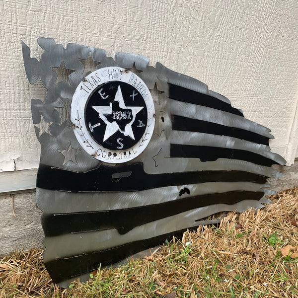 TEXAS HIGHWAY PATROL TATTERED FLAG WITH BADGE# CUSTOM METAL VINTAGE CRAFT ART WESTERN HOME DECOR