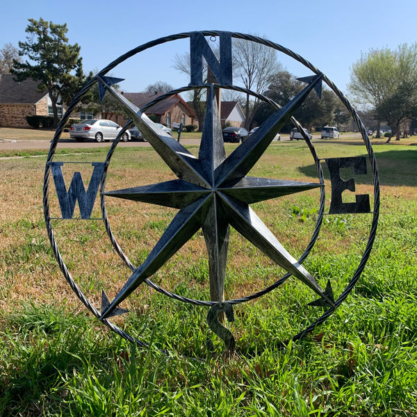 36" COMPASS GREY METAL ART WESTERN METAL ART HOME WALL DECOR RUSTIC GREY