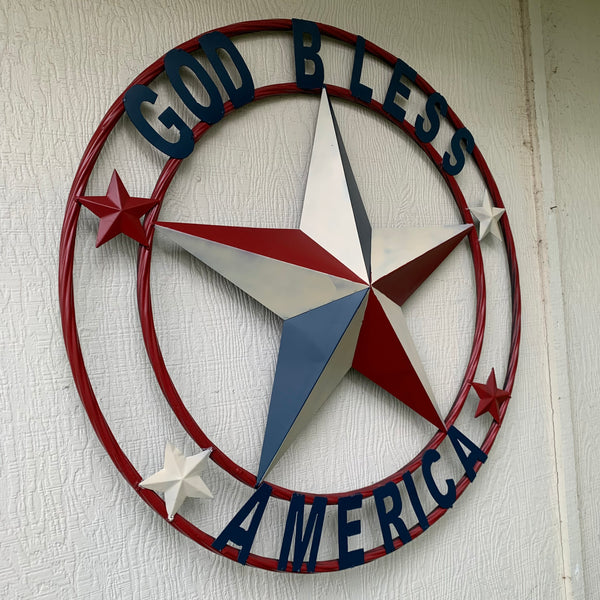 #EH10489 GOD BLESS AMERICA USA FLAG BARN STAR METAL RED WHITE BLUE WESTER HOME DECOR HANDMADE NEW