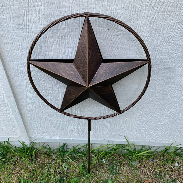 12",16",24" DOUBLE STAR ON STAKE METAL BRONZE COPPER BARN STAR WITH TWISTED ROPE RING CRAFT WESTERN HOME DECOR RUSTIC DECOR