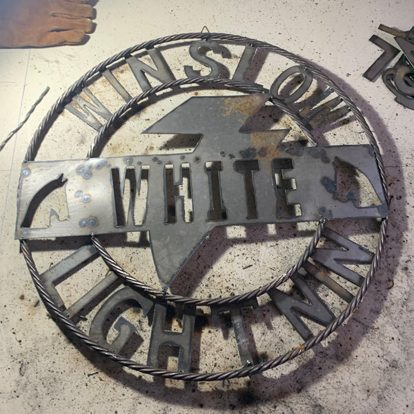 CUSTOM NAME LIGHTNIN HORSE SIGN RAW METAL BARN ROPE RING WESTERN HOME DECOR HANDMADE 24",32",36"