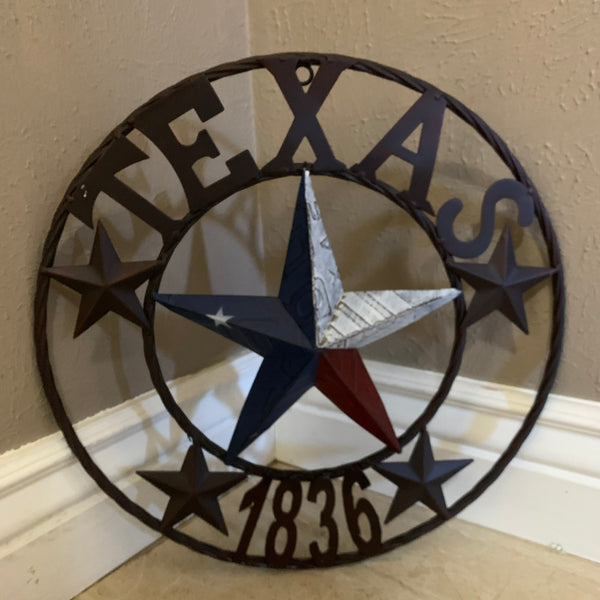 16", 24", 32", 34", 40" TEXAS 1836 LICENSE PLATE FLAG BARN STAR METAL WALL WESTERN HOME DECOR RED WHITE BLUE ART