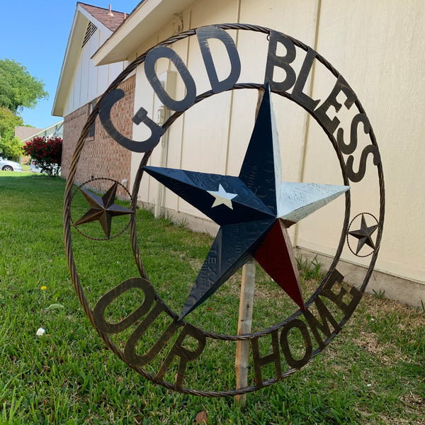 24", 32", 40" GOD BLESS OUR HOME LICENSE PLATE BARN METAL STAR ROPE RING WALL ART WESTERN HOME DECOR RED WHITE & BLUE