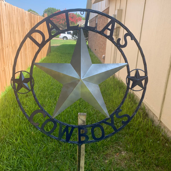 24" STAR & 34" STAKE DALLAS COWBOYS DECOR METAL ART WESTERN HOME WALL DECOR ALL SILVER & NAVY BLUE WITH 34" STAKE