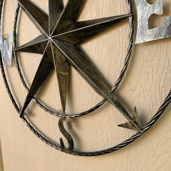 36" COMPASS GREY METAL ART WESTERN METAL ART HOME WALL DECOR RUSTIC GREY