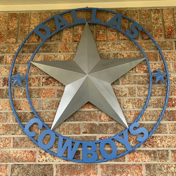 DALLAS COWBOYS SILVER & LIGHT BLUE BARN STAR CUSTOM VINTAGE METAL LONE STAR ART WESTERN HOME DECOR SIZE:24",32",36",40",42",44",46",50"