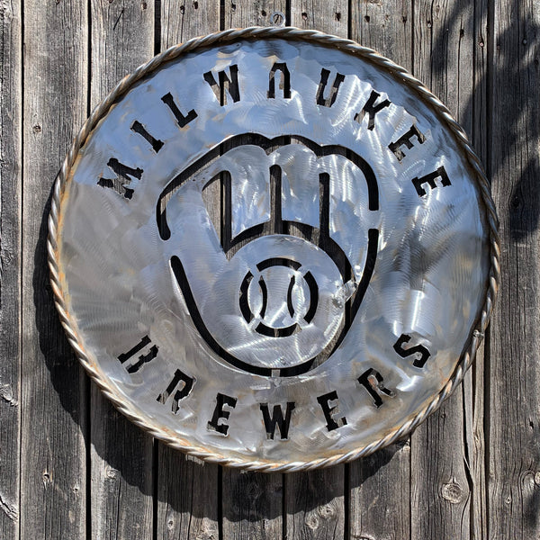 24" MILWAUKEE BREWERS RAW METAL WIDE BAND DISC STYLE CUSTOM METAL VINTAGE CRAFT TEAM SIGN HANDMADE