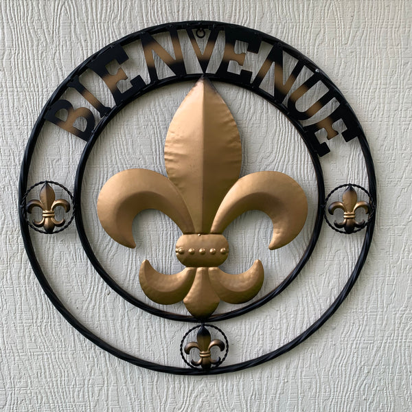 BIENVENUE FLEUR DE LIS METAL WALL ART WESTERN HOME DECOR RUSTIC GOLD & BLACK NEW--FREE SHIPPING