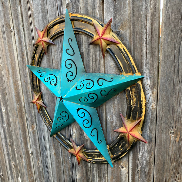 #RT5045 TURQUOISE CARVED CUT STAR 26",36", BARN METAL WESTERN HOME DECOR HANDMADE NEW