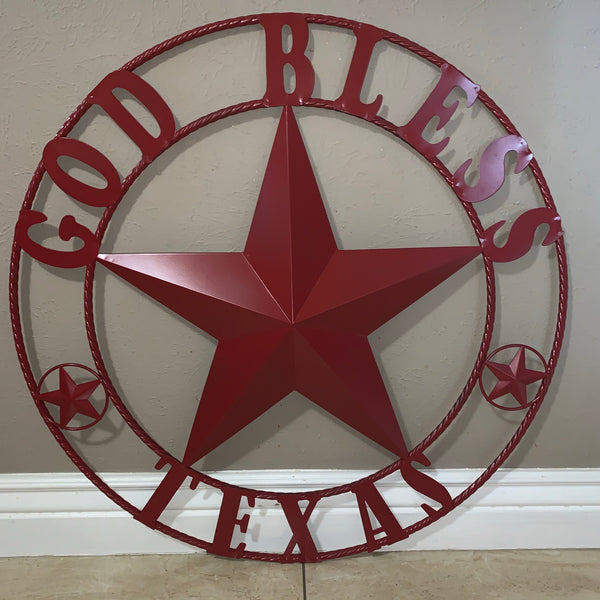 24",32",40",50" BURGUNDY RED GOD BLESS TEXAS BARN STAR ROPE RING METAL WALL ART WESTERN HOME DECOR NEW