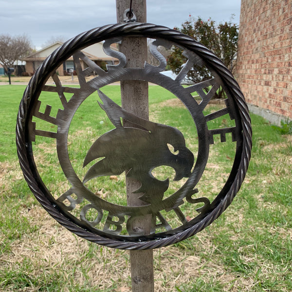 12" TEXAS STATE BOBCATS CUSTOM RAW METAL VINTAGE CRAFT SIGN TEAM ART HANDMADE IN TEXAS