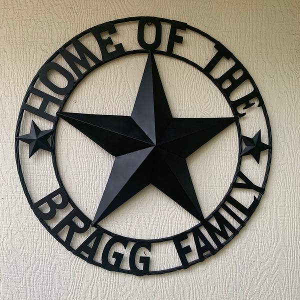 BRAGG STYLE YOUR CUSTOM NAME HOME OF FAMILY STAR METAL BARN STAR 3d TWISTED ROPE RING WESTERN HOME DECOR NEW HANDMADE 24",32",34",36",40",42",44",46",50"