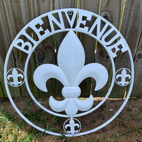 24", 32" GLOSS WHITE FLEUR DE LIS BIENVENUE METAL WALL ART WESTERN HOME DECOR