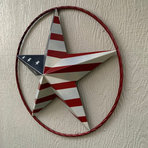 AMERICAN Flag USA Metal Barn Star RED, WHITE & BLUE WITH RED Rope Ring Western Home Decor Handmade 12",16",24",30",34",36",40",48"