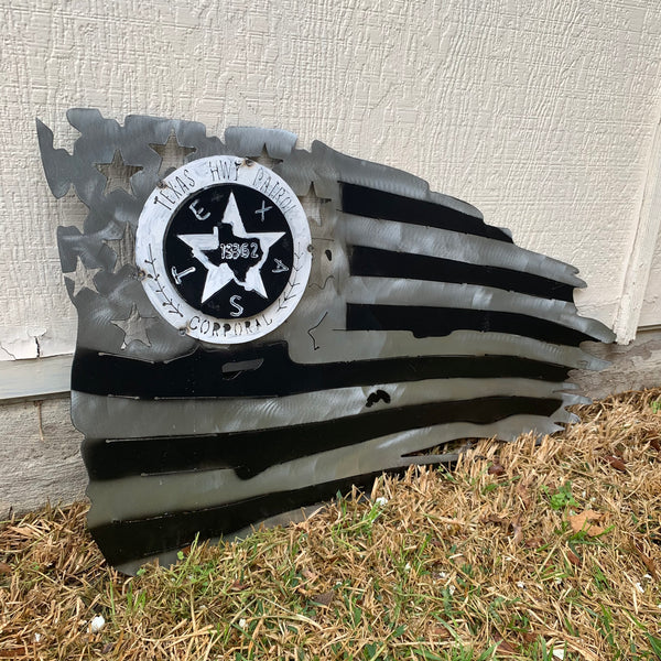 TEXAS HIGHWAY PATROL TATTERED FLAG WITH BADGE# CUSTOM METAL VINTAGE CRAFT ART WESTERN HOME DECOR