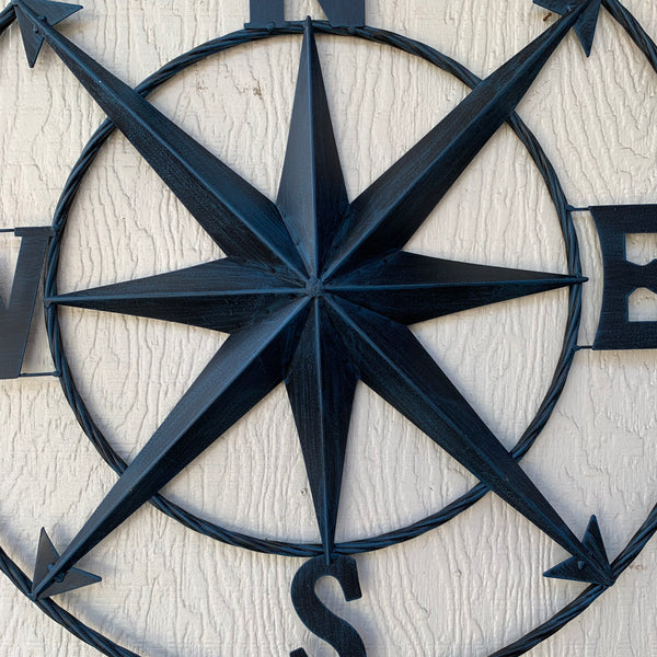 #SI_B8235 COMPASS NAVY BLUE 24" METAL SIGN WESTERN HOME DECOR HANDMADE NEW