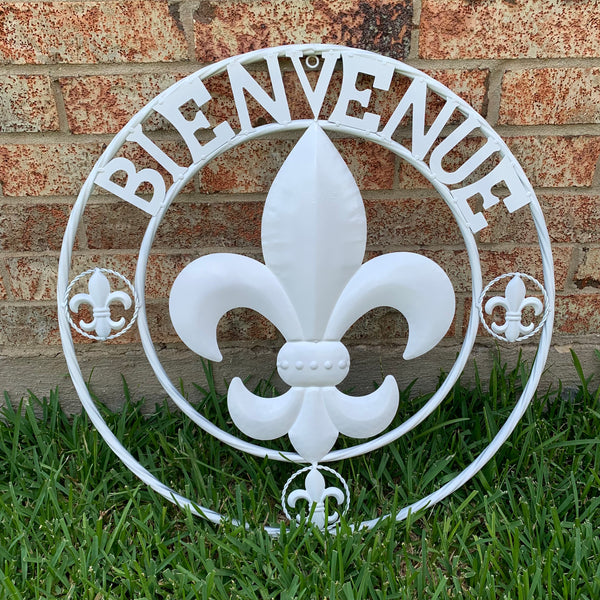 24", 32" GLOSS WHITE FLEUR DE LIS BIENVENUE METAL WALL ART WESTERN HOME DECOR