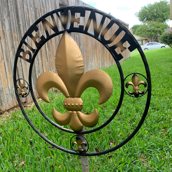 BIENVENUE FLEUR DE LIS METAL WALL ART WESTERN HOME DECOR RUSTIC GOLD & BLACK NEW--FREE SHIPPING