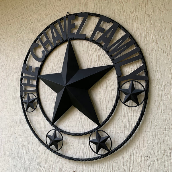 CHAVEZ STYLE CUSTOM FAMILY NAME STAR BLACK STEEL METAL BARN STAR ROPE RING WESTERN HOME DECOR VINTAGE NEW HANDMADE 24",32",34",36",40",42",44",46",50"