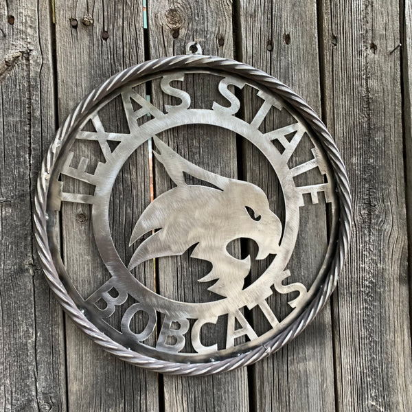 12" TEXAS STATE BOBCATS CUSTOM RAW METAL VINTAGE CRAFT SIGN TEAM ART HANDMADE IN TEXAS