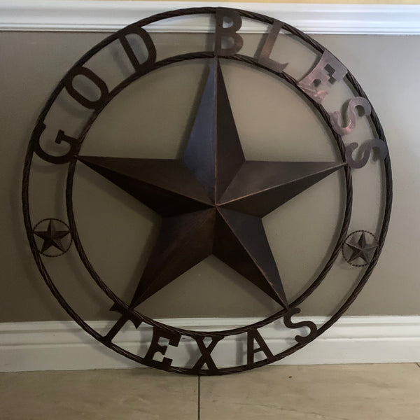 #EH10197 GOD BLESS TEXAS BARN STAR METAL LONESTAR TWISTED ROPE RING WESTERN HOME DECOR HANDMADE NEW