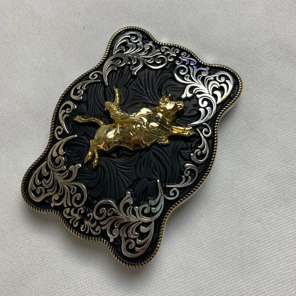 4.5" X 3.5" RODEO BELT BUCKLE BLACK SILVER & GOLD WESTERN BUCKLE FASHION ART NEW #EH12269