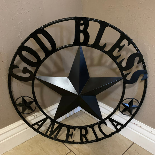 #EH10562 GOD BLESS AMERICA BLACK METAL BARN LONE STAR WESTERN HOME DECOR HANDMADE NEW