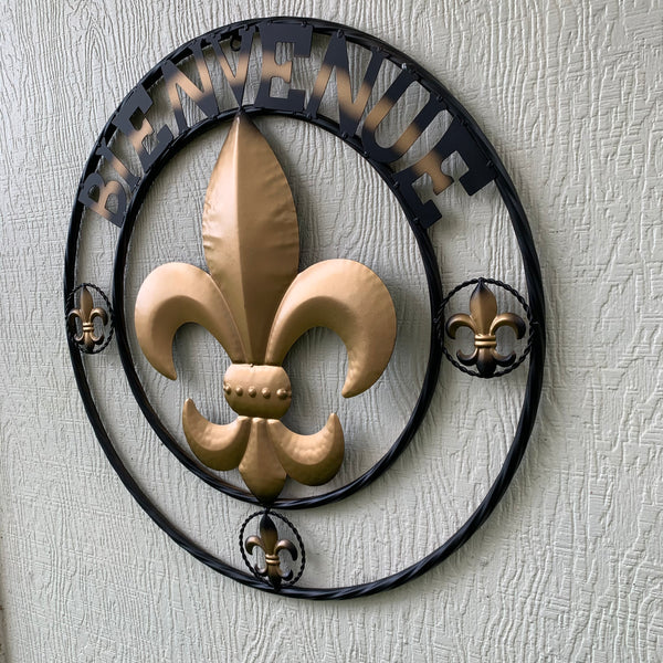 BIENVENUE FLEUR DE LIS METAL WALL ART WESTERN HOME DECOR RUSTIC GOLD & BLACK NEW--FREE SHIPPING