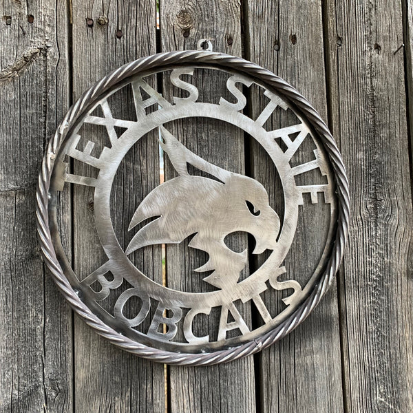 12" TEXAS STATE BOBCATS CUSTOM RAW METAL VINTAGE CRAFT SIGN TEAM ART HANDMADE IN TEXAS