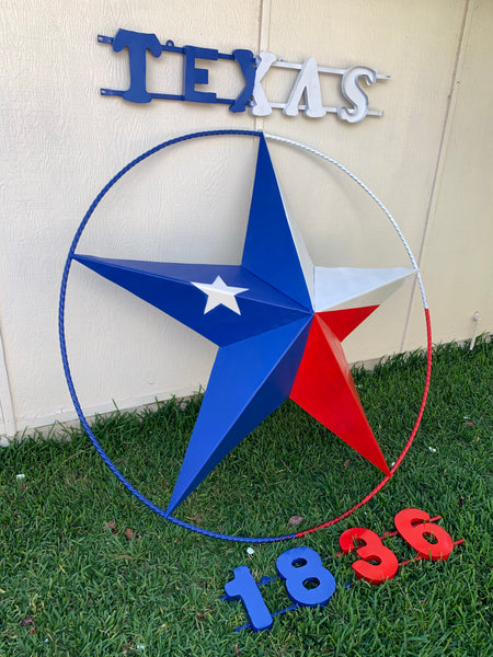 48", 60", 72" RED WHITE BLUE TX FLAG BARN META STAR WITH TEXAS 1836 SIGN WESTERN HOME DECOR METAL ART VINTAGE RUSTIC RED WHITE & BLUE ART