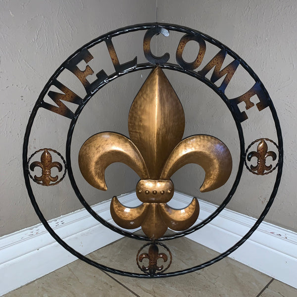 24", 32" WELCOME FLEUR DE LIS METAL WALL ART WESTERN HOME DECOR GOLD & BLACK