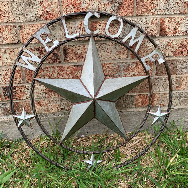 #RT6160 WELCOME GALV 24" METAL BARN STAR TWISTED RING WESTERN HOME DECOR HANDMADE NEW