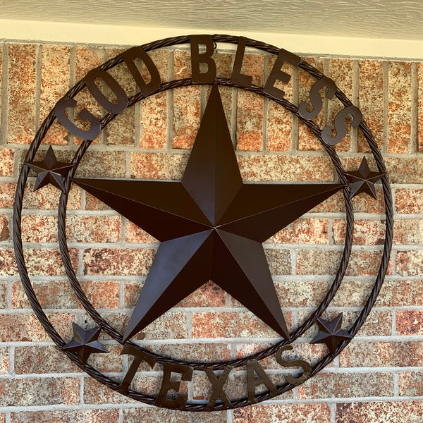#EH11085 GOD BLESS TEXAS BROWN BARN STAR METAL LONE STAR TWISTED ROPE RING WESTERN HOME DECOR HANDMADE NEW