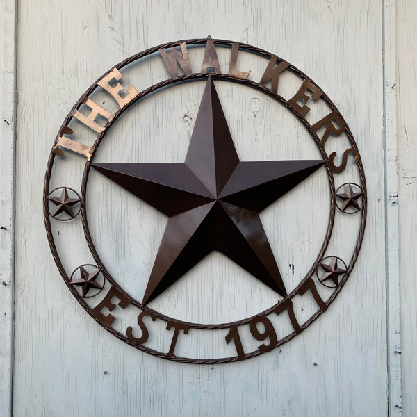 THE WALKERS STYLE YOUR CUSTOM FAMILY NAME STAR METAL BARN STAR ROPE RING WESTERN HOME DECOR VINTAGE RUSTIC BRONZE NEW HANDMADE 24",32",34",36",40",42",44",46",50"