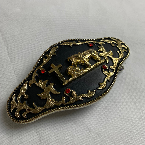 6.5" X 3.5" COWBOY PRAYER CHURCH RHINESTONE BELT BUCKLE BLACK & GOLD WESTERN BUCKLE FASHION ART NEW #EH12272
