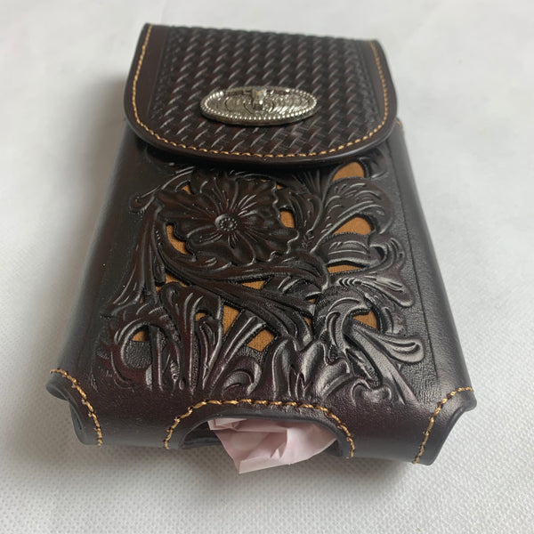 #LG2002 7.5" LONGHORN COFFEE BROWN & BEIGE  LEATHER POUCH EXTRA LARGE  BELT LOOP HOLSTER CELL PHONE CASE UNIVERSAL OVERSIZE