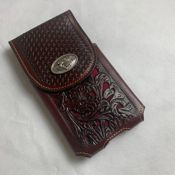 #LG2004  7.5" HORSE COFFEE BROWN & RED LEATHER POUCH EXTRA LARGE  BELT LOOP HOLSTER CELL PHONE CASE UNIVERSAL OVERSIZE