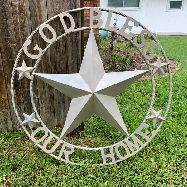 36" GOD BLESS OUR HOME RUSTIC BEIGE BARN METAL STAR ROPE RING WALL ART WESTERN HOME DECOR--FREE SHIPPING