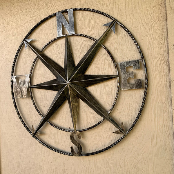 36" COMPASS GREY METAL ART WESTERN METAL ART HOME WALL DECOR RUSTIC GREY