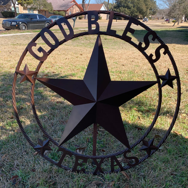 #EH11085 GOD BLESS TEXAS BROWN BARN STAR METAL LONE STAR TWISTED ROPE RING WESTERN HOME DECOR HANDMADE NEW