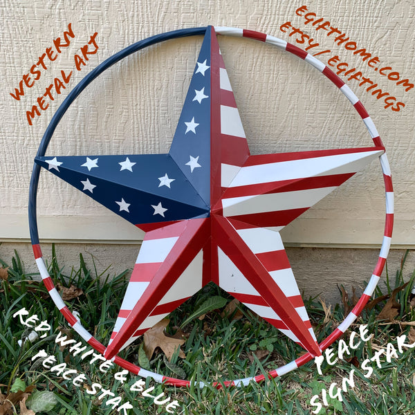 PEACE STAR METAL RED WHT BLUE STAR WESTERN HOME DECOR HANDMADE 12",16",24",32"36",38",40",48"