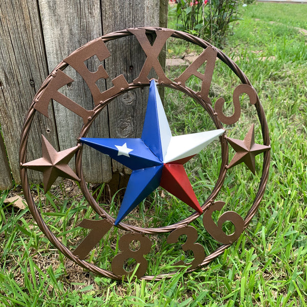 16" TEXAS 1836 RED WHITE BLUE TEXAS FLAG STAR BRONZE RING METAL BARN STAR WESTERN HOME DECOR HANDMADE NEW ART