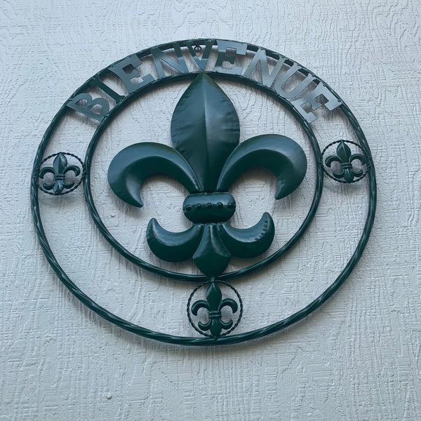 24", 32" GLOSSY HUNTER GREEN FLEUR DE LIS BIENVENUE METAL WALL ART WESTERN HOME DECOR