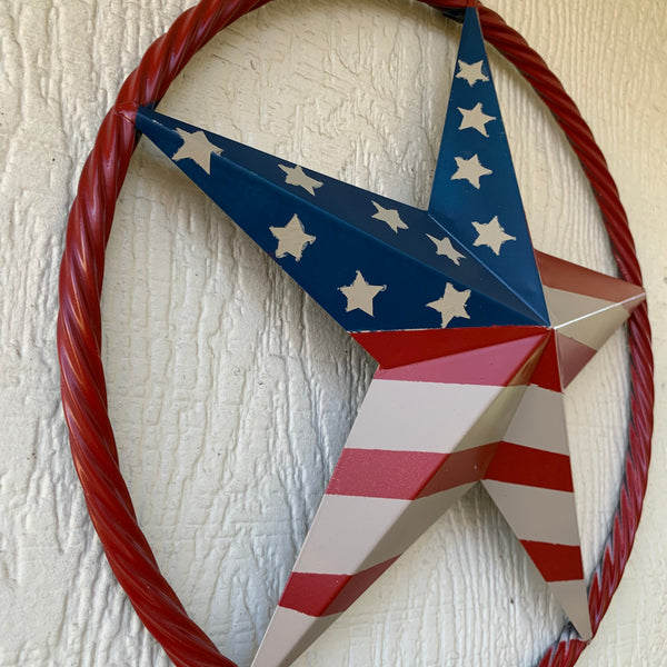 AMERICAN Flag USA Metal Barn Star RED , BEIGE, NAVY BLUE WITH RED Rope Ring Western Home Decor Handmade 12",16",24",30",34",36",40",48"